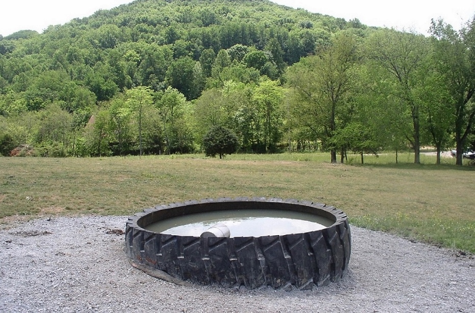 Large tire repurposed as a water trough filled with water, set on gravel with a grassy field and forested hillside behind